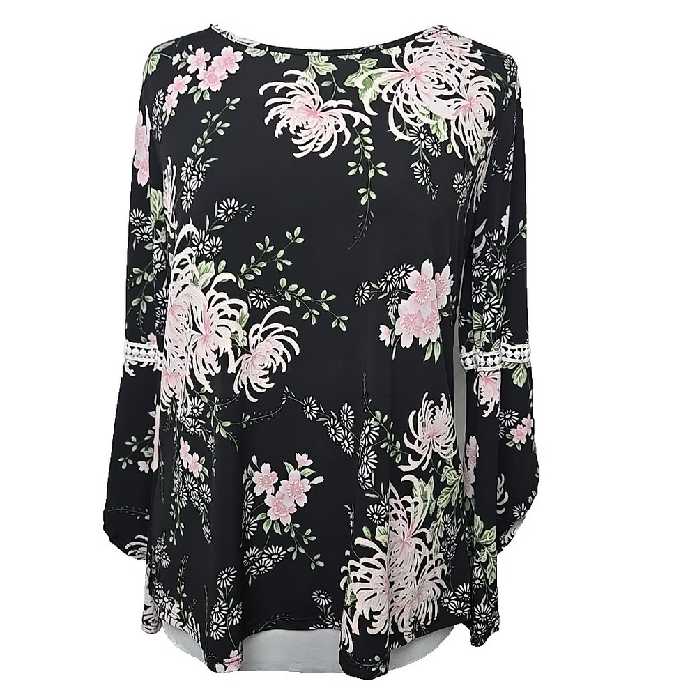 AMANA‎ Black Floral Stretch Knit Long Bell Sleeve Top Size Small